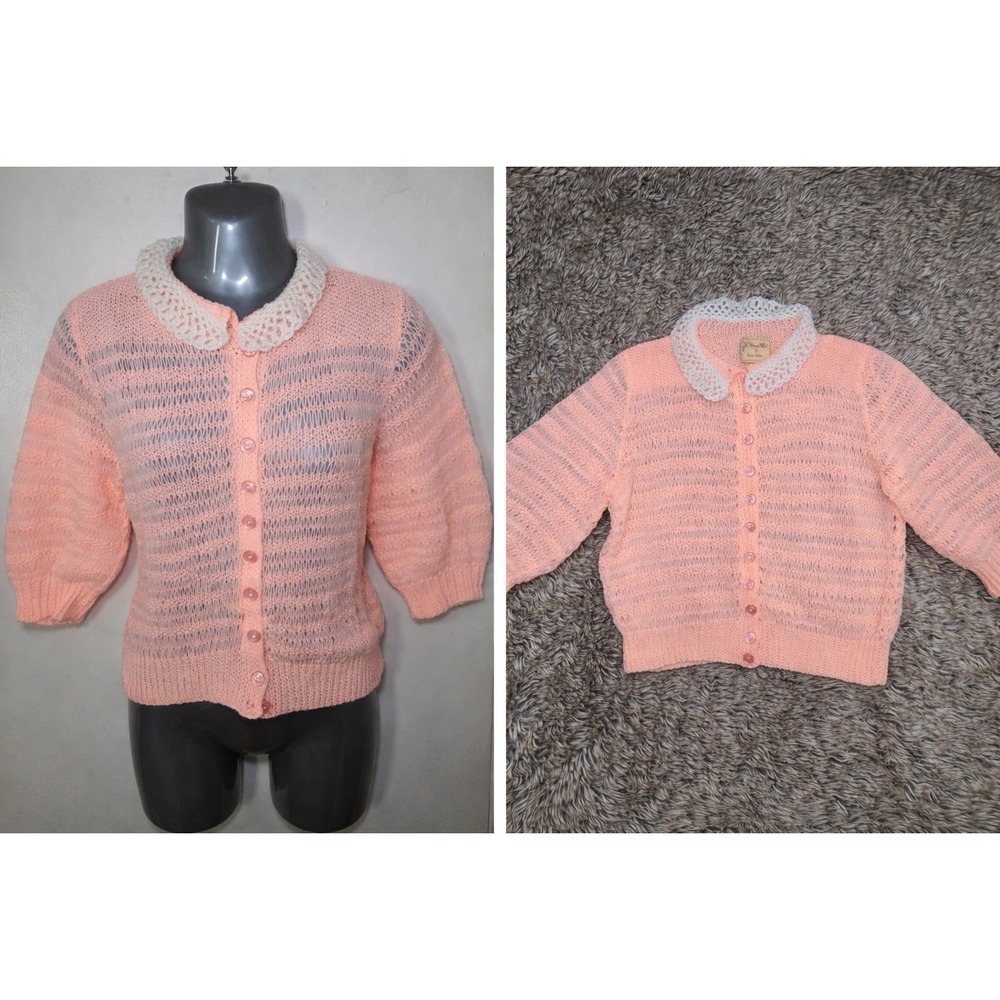 Vtg Hand Knit Pink Cardigan Sweater Crochet Collar Button Front Cottage Coquette